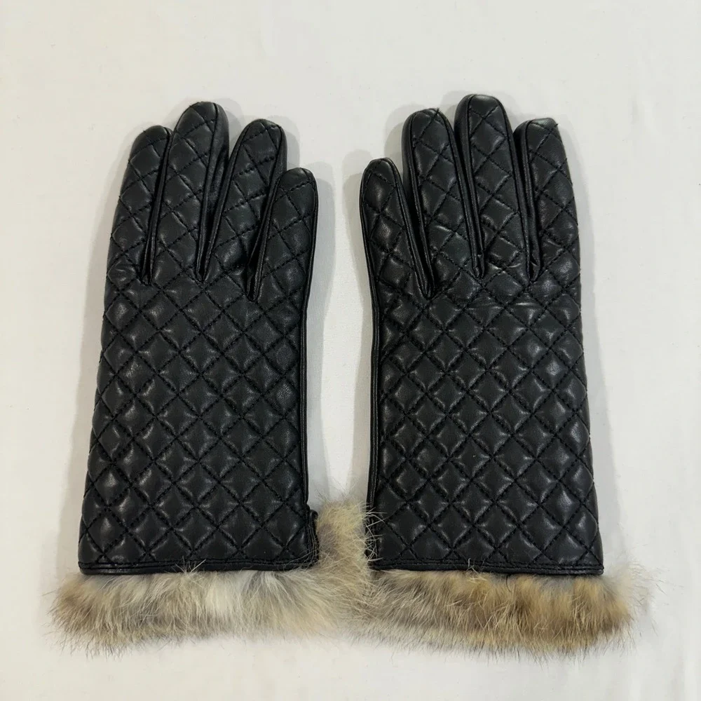 Quilted Leather Gloves Women One Size Black Fur Trim | Mob Wife Chic